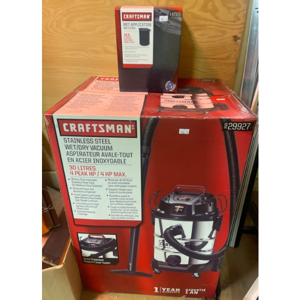New Craftsman Stainless Steel Wet / Dry Shop Vac - 30 L. Canister w/ Filter