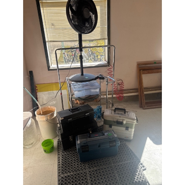 multiple tool boxes, wire shelf, rolling island, metal hanging rod fan and mats