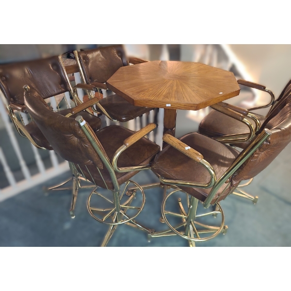 Bar Table 33.5" Top, 40.5 T and Five Stools 21 W, 18 D, 44 T 