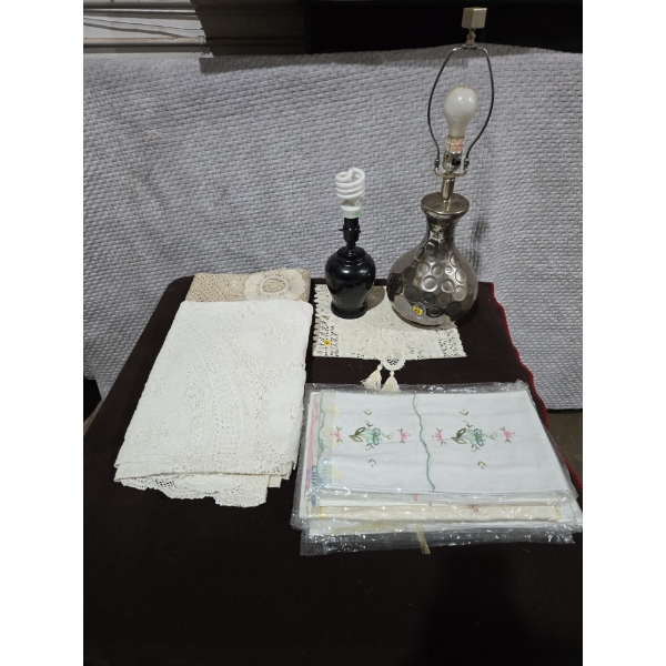 Handmade Doilies, Table Lamps (No Shades) + Vintage Never Used Embroidered Clothes