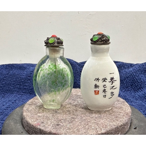 Hand Painted Porcelain & Glass Snuff Bottles with Spoons  2.5H & 2.25H