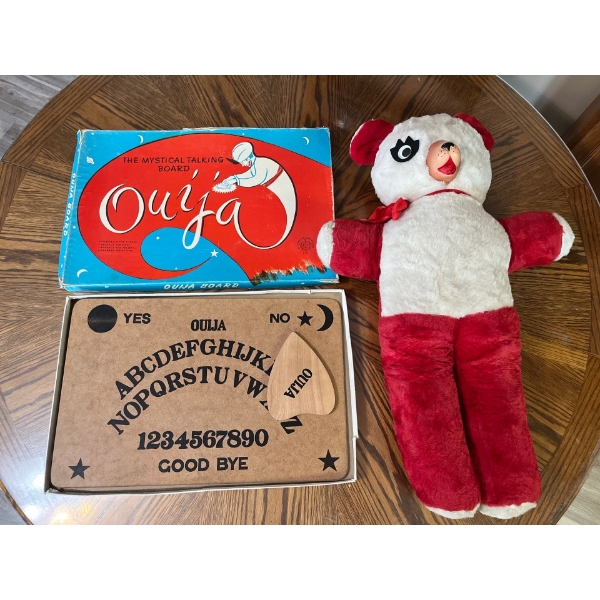  vintage Ouija board and a creepy one eye Teddy handmade .