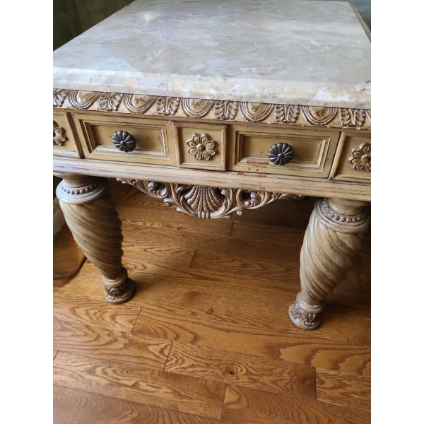 Wood and Marble Side Table 28 W, 28 D, 27 T 