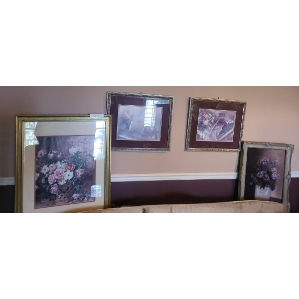 Selection of Framed Wall Art Prints & Painted Purple Roses.  Roses 20 w 24 h