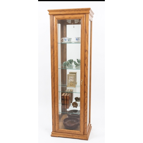 Illuminated Display Cabinet with Glass Shelves and Oak Finish Contents NOT included