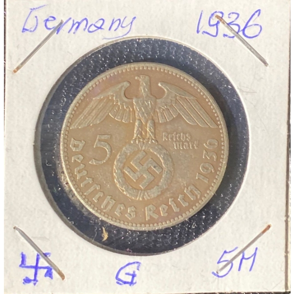 1936 German 5 Reichsmark Coin 90% Silver 13.88 Grams