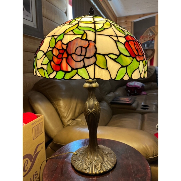 Vintage Tiffany Style Stained Glass Lamp with Metal. Base 23” Height
