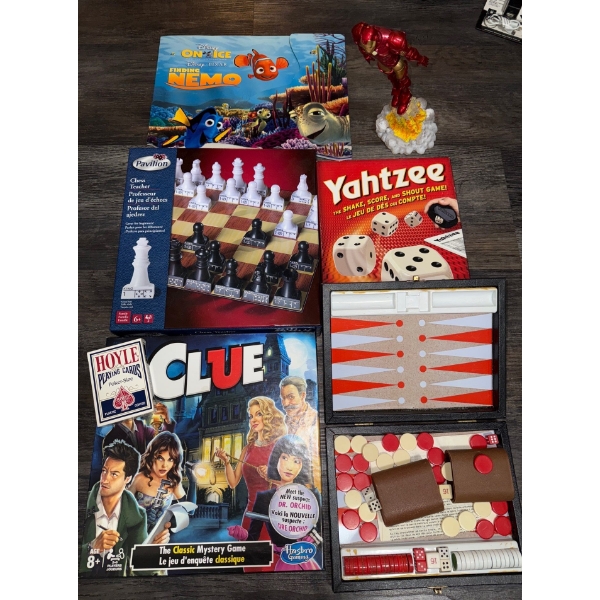 Assorted Board Games-  Yahtzee, Chess, Clue & Backgammon w/ Iron Man Figurine
