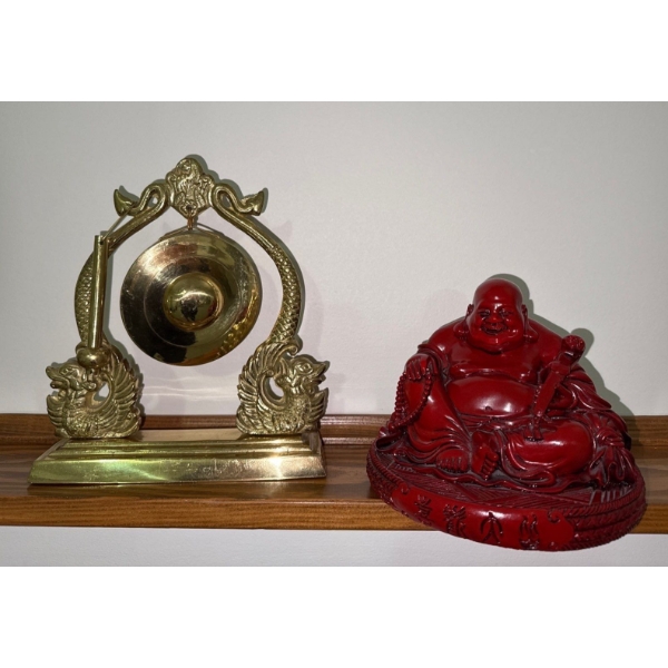Oriental Brass Gong (8T), w/ Resin Laughing Buddha Figure, Ancient Curios Enterprise 