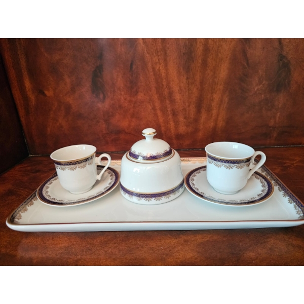 Tirschenreuth Bavaria Demitasse Coffe Set With A Cobalt Blue And Ornate Gold Scroll Pattern