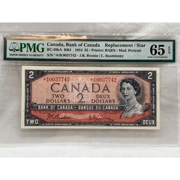 Graded Canadian 1954 Mod. Portrait $2 Gem UNC Prefix: *A/B