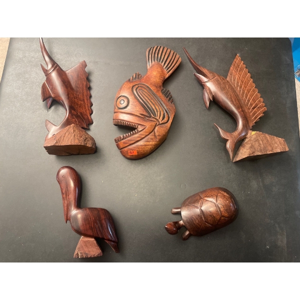 Wooden Nature Sculptures, 2 Swordfish, Pelican, Piranha, Turtle.