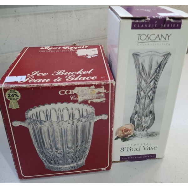 Mont Royale Crystal Ice Bucket 5" Diameter Top, 5.5 T and St George 8" Crystal Pedestal Bud Vase 