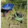 Image 1 : Wheel Barrel w/vintage mastercraft lawnmower, sprinkler & watering tools + spouts