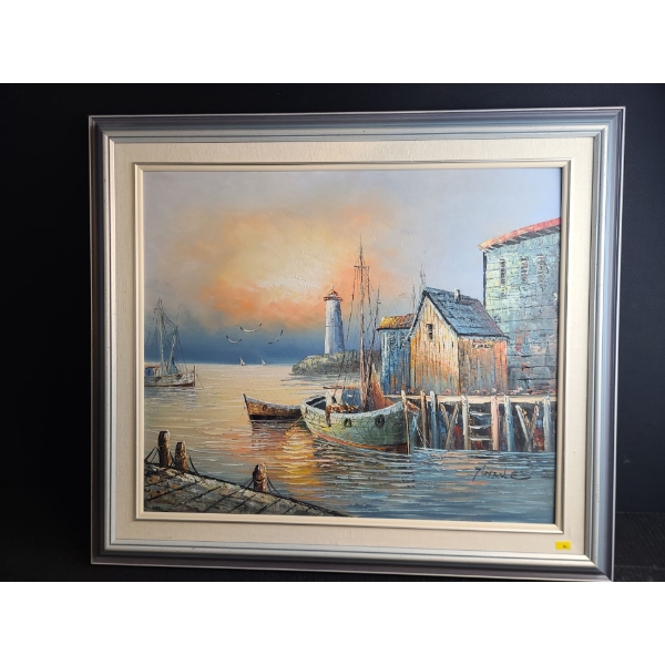 Fishing Village w/ Lighthouse Painting, Signed: Florence, Framed, 31.5 X 28