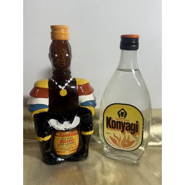 Bottles: Hand-Painted Ceramic Liquor Decanter and Tanzania Konyagi Bottle