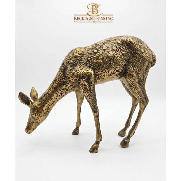 9-Inch Brass Deer Figurine Grazing in Realistic Pose