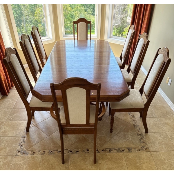 Gorgeous Long Solid Oak Style Dining Table (90In Wide, 41In Deep, 30In Tall) w/ 8 Chairs 