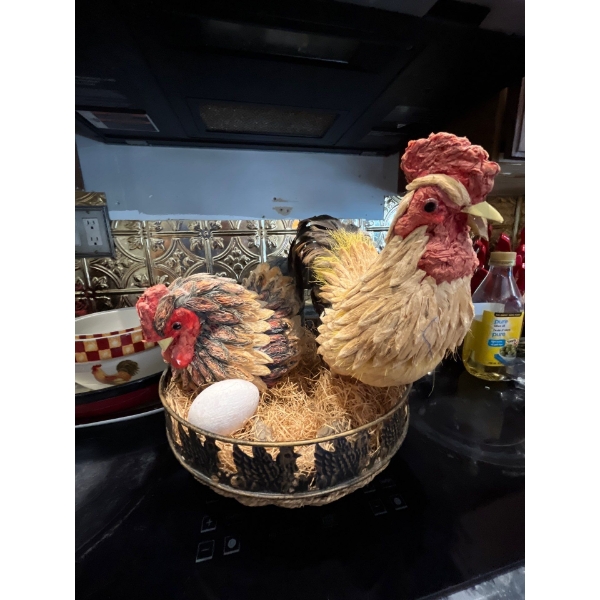  serving dishes with rooster and hand in basket, laying an egg