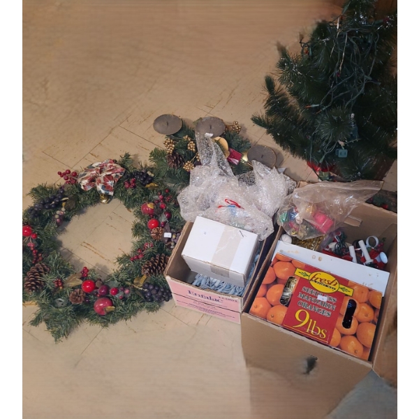 Holiday Decor Including: Ornaments, Mini Tree, Wreath, 3 Pillar Candleholder