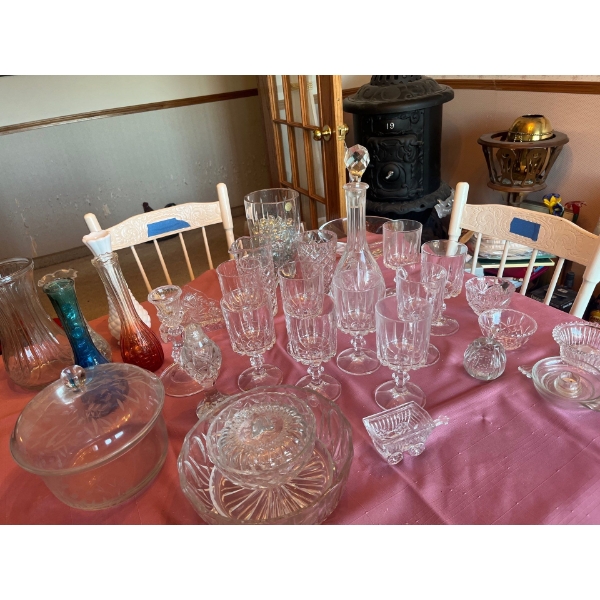 set of crystal glasses wine decanter coloured crystal vases and other small serving trays and dishes
