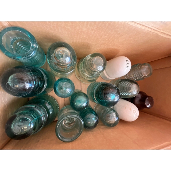 variety pack of glass, antique insulators, all sizes, colors and material some glass and some are ce