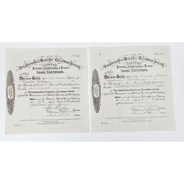 Antique Share Certificates From "The Jumper Gold Syndicate California Limited Early 20th Century.
