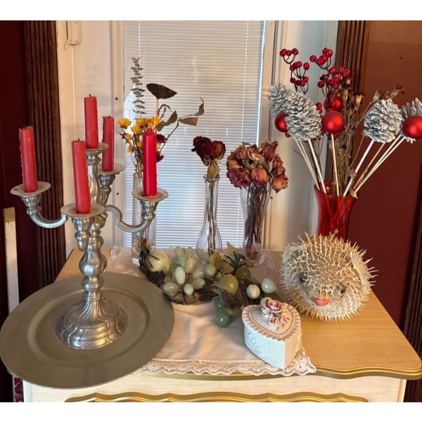 Home Decor Collection - Vases w/ Dried Flowers, Pewter Candelabra,  Stone/Metal Grapes, Puffer Fish 