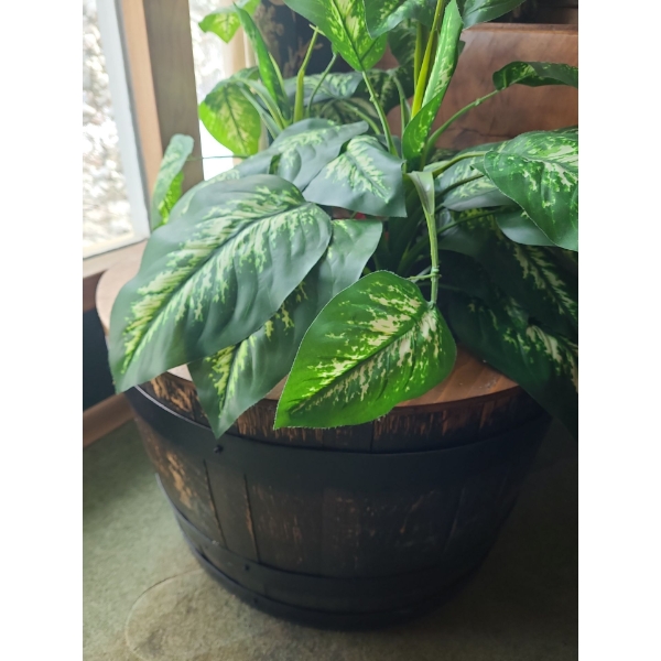 Wooden Barrel Planter with Artificial Foliage 23 Diameter Top, 17 T