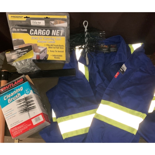 Full Body Work Suit for Men (Size 46), Truck Cargo Net, and Tools 