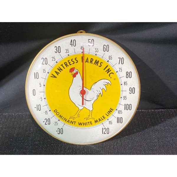 Vintage (9.5" Diameter) "Vantress Farms" Metal/Glass Display/Advertising Thermometer, Wall Hanging