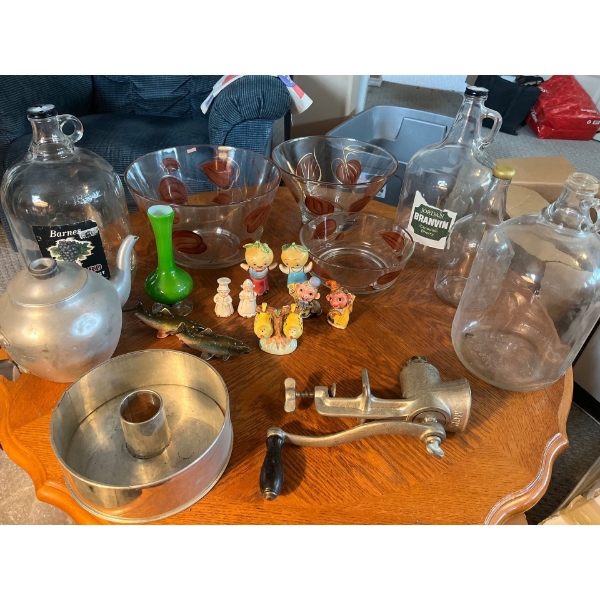 Large collection of serving trays salad bowls and small salt and pepper shakers