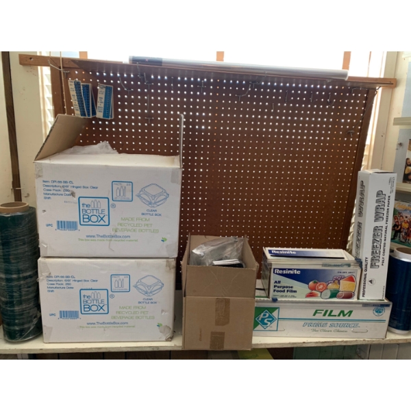 Lot of commercial storage containers and Saran Wrap 