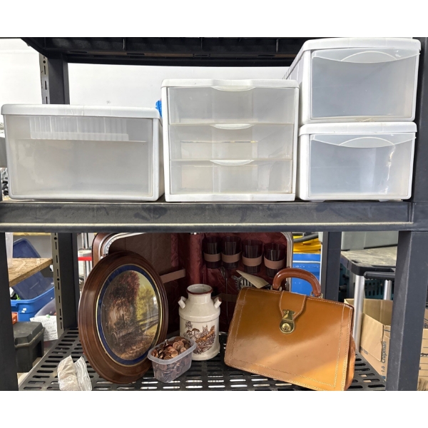 Collection Of Household Collectibles, Container Of Pennies, Bag, Vase, Wall Hanging & More