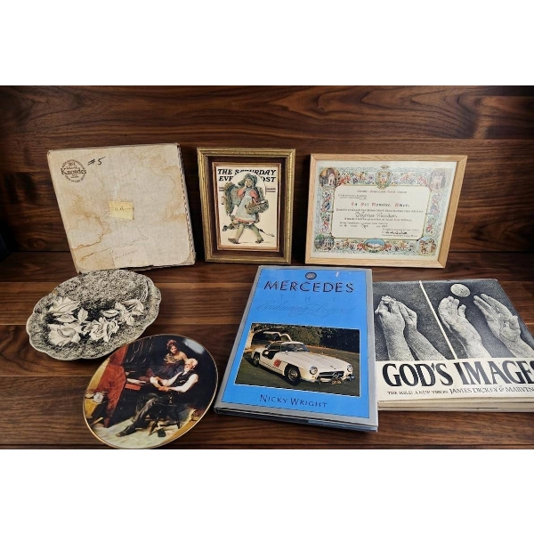 Curated Collection of Decorative Plate, Books, and Framed Items