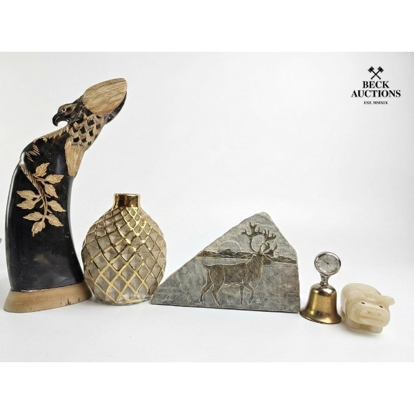 Collection Of Vintage Decorative Handcrafted Carvings And Accent Pieces Eagle Carved Horn.