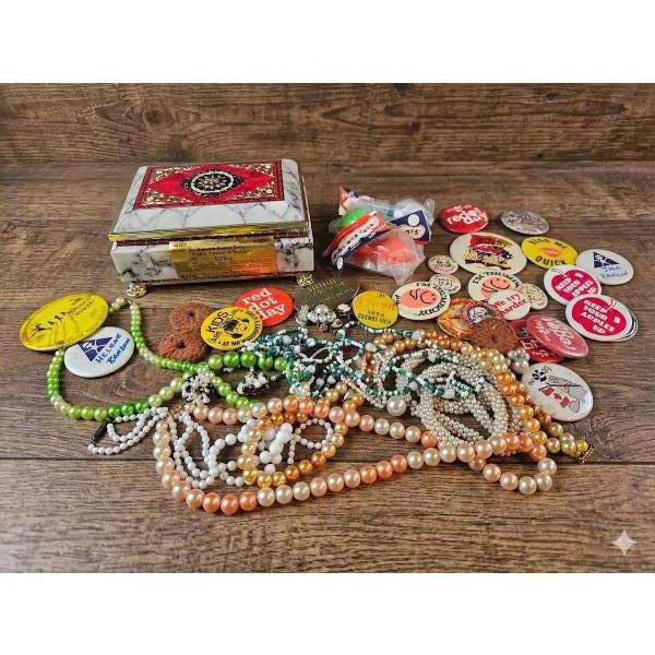 Beaded Costume Jewelry and Pinback Buttons with Decorative Tin