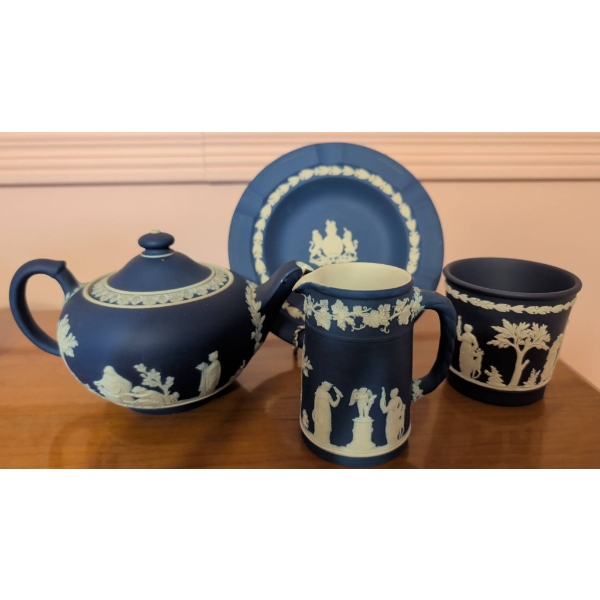 Wedgwood Navy Blue Jasperware Tea Set with Damaged Teapot