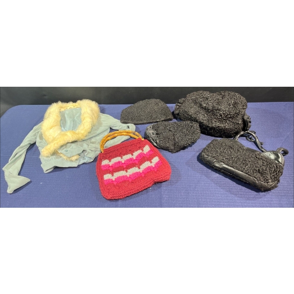 Collection of Vintage Accessories: Bags, Hat, and Muff plus Shrug with Detachable "Fur" Collar
