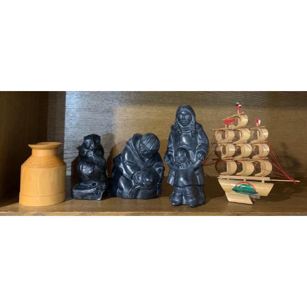 Ceramic Inuit Figurines 7T w/ Wood Sail Boat & more
