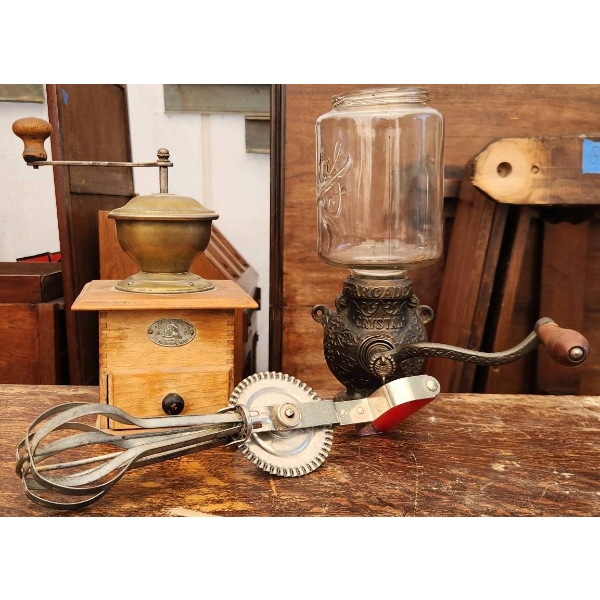 Vintage Kitchen Tools Featuring Coffee Grinders and Whisk