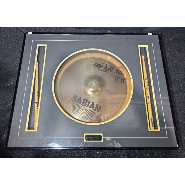 "Lonestar" Band Autographs on Cymbal and Drumsticks, 24 x 30.5 Framed Under Glass 