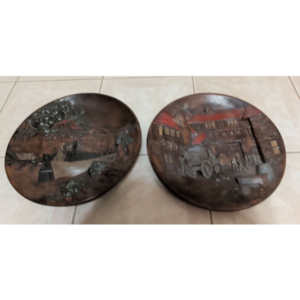 Pair of Vintage Relief Pottery Wall Rounds 14"Diameter 
