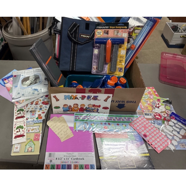 Craft Supplies Including Fiskars Tools, Paper Packs, Stickers, and Stamps