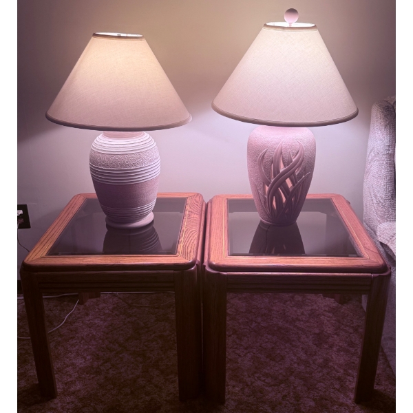 Table Lamps with Ceramic Bases and Two Glass-Top Wooden End Tables
