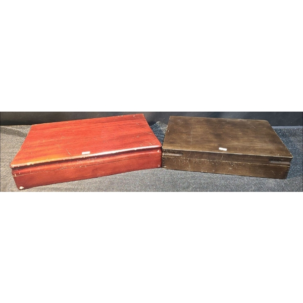 Two Cutlery Boxes: Cherry Finish 17 X 11.5 w/ Some Rostfrei Cutlery and Others, 15 X 11 Dark Wood