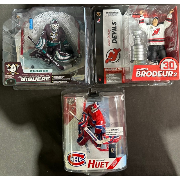 3 McFarlane NHL Goalie Figures: Giguere, Brodeur, Huet
