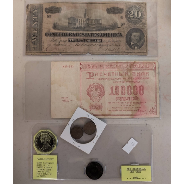 Historical Coins and Banknotes, Including Confederate $20 Bill and 100,000 Ruble Soviet Note