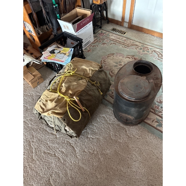 14'L x 12'W x 5' H walls.

1 canvas 

1 heavy plastic tarp.

With wood burning air tight stove and p