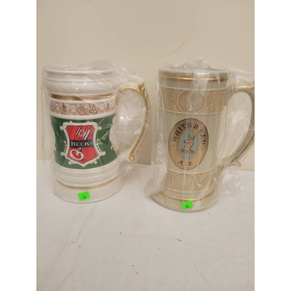 Ceramic Beer Steins Featuring Beck's and Whitbread Ale Designs